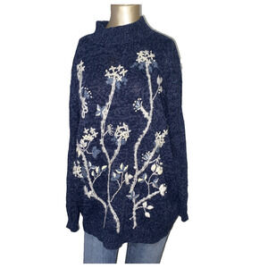 VINTAGE Fashion Bug KNIT Sweater EMBROIDERED Floral LEAVES Blue Y2K Size 16/20
